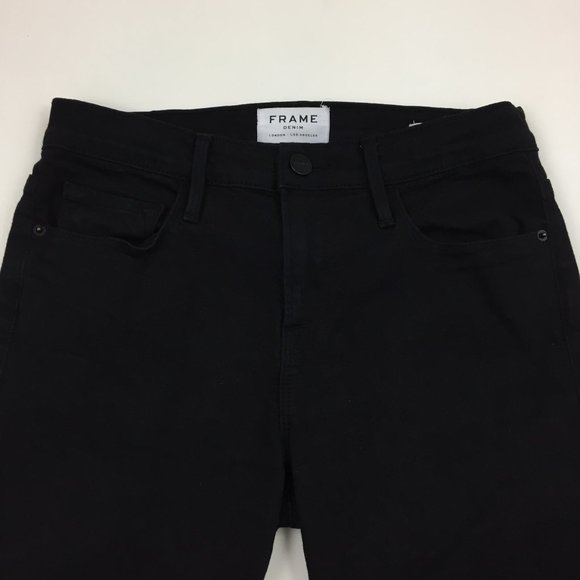 FRAME Le Skinny De Jeanne Film Noir Black Raw Step Hem Logo Hardware Denim Jeans - Picture 4 of 10
